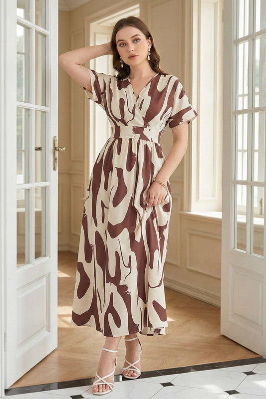 Brown & Beige Abstract Print V-Neck Fashionable Maxi Dress