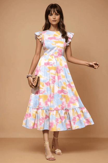 Women's Round Neck Ruffled Sleeves Tie Dye Print | Comfortable and Lightweight