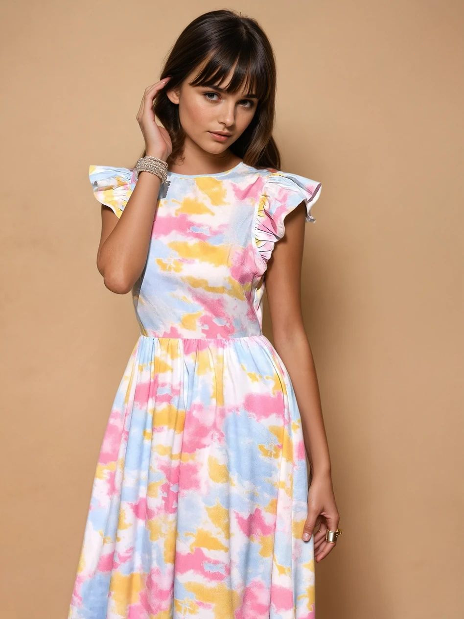 Women's Round Neck Ruffled Sleeves Tie Dye Print | Comfortable and Lightweight