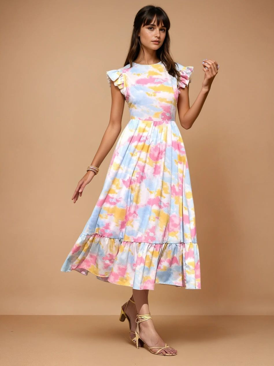 Women's Round Neck Ruffled Sleeves Tie Dye Print | Comfortable and Lightweight