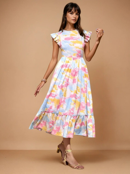 Women's Round Neck Ruffled Sleeves Tie Dye Print | Comfortable and Lightweight