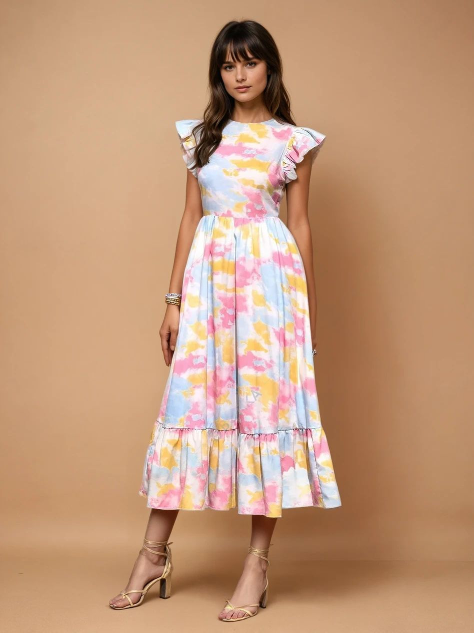 Women's Round Neck Ruffled Sleeves Tie Dye Print | Comfortable and Lightweight