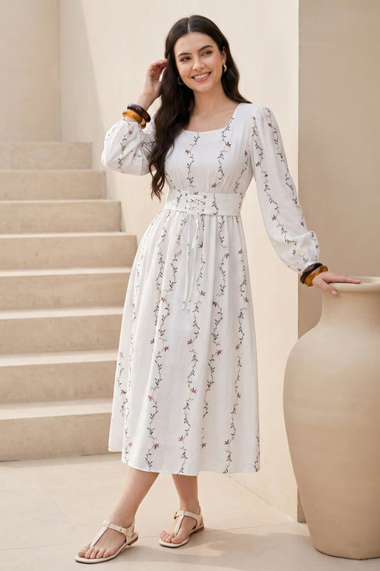 White Floral Print Square Neck Midi Dress