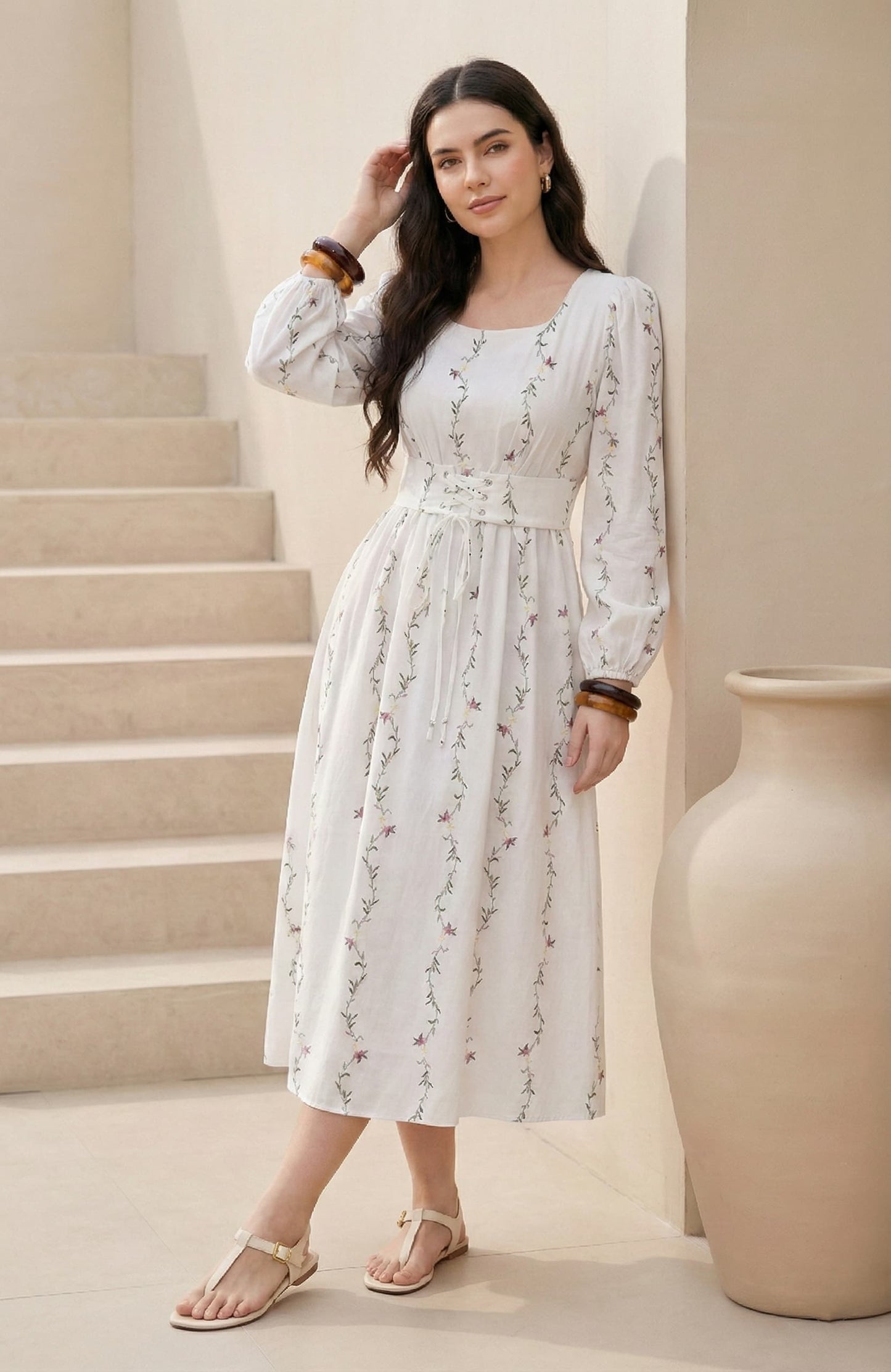 White Floral Print Square Neck Midi Dress