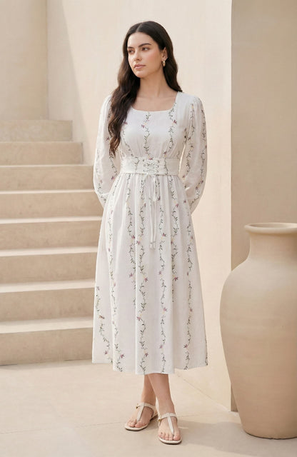 White Floral Print Square Neck Midi Dress