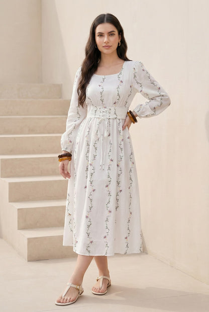 White Floral Print Square Neck Midi Dress