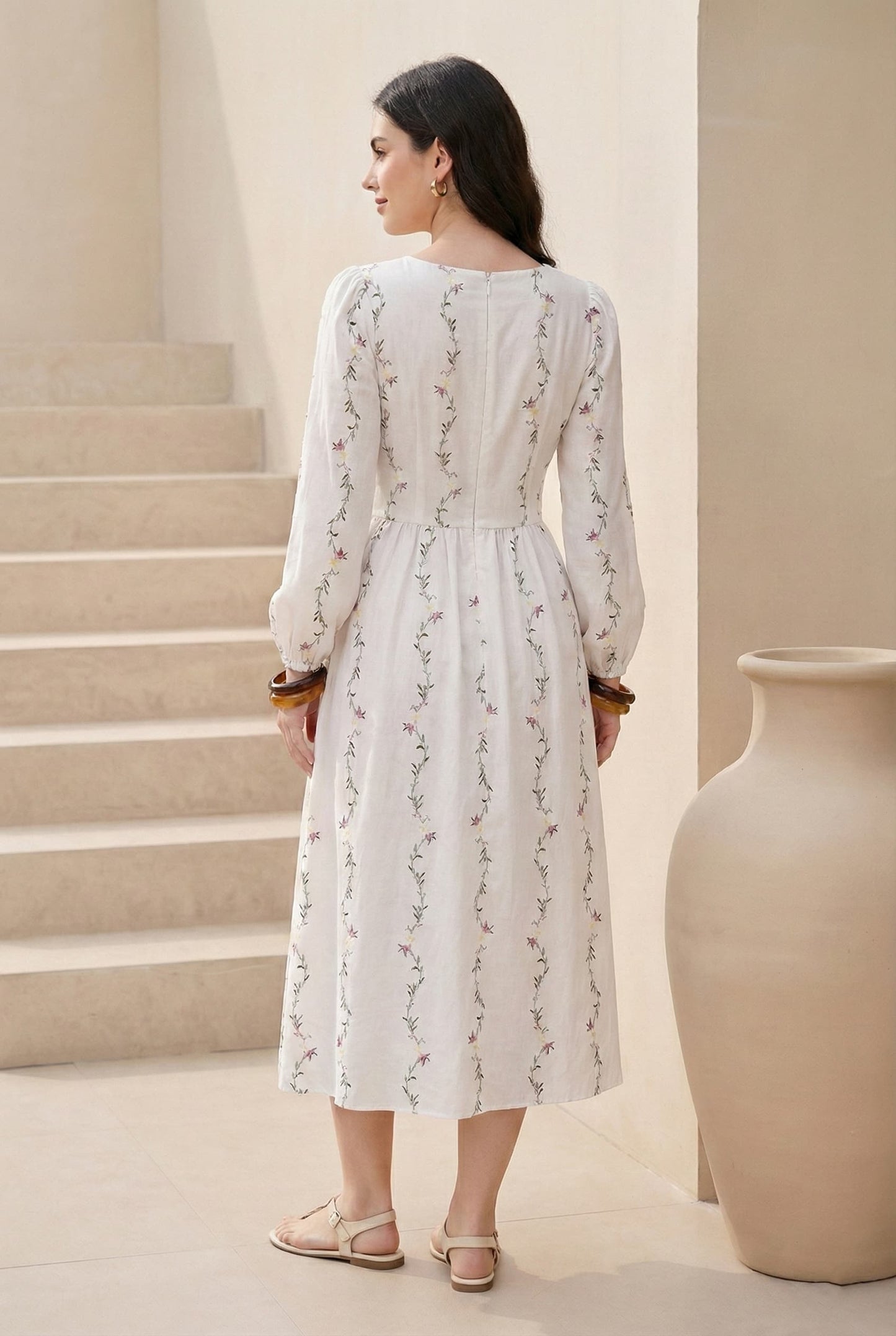 White Floral Print Square Neck Midi Dress