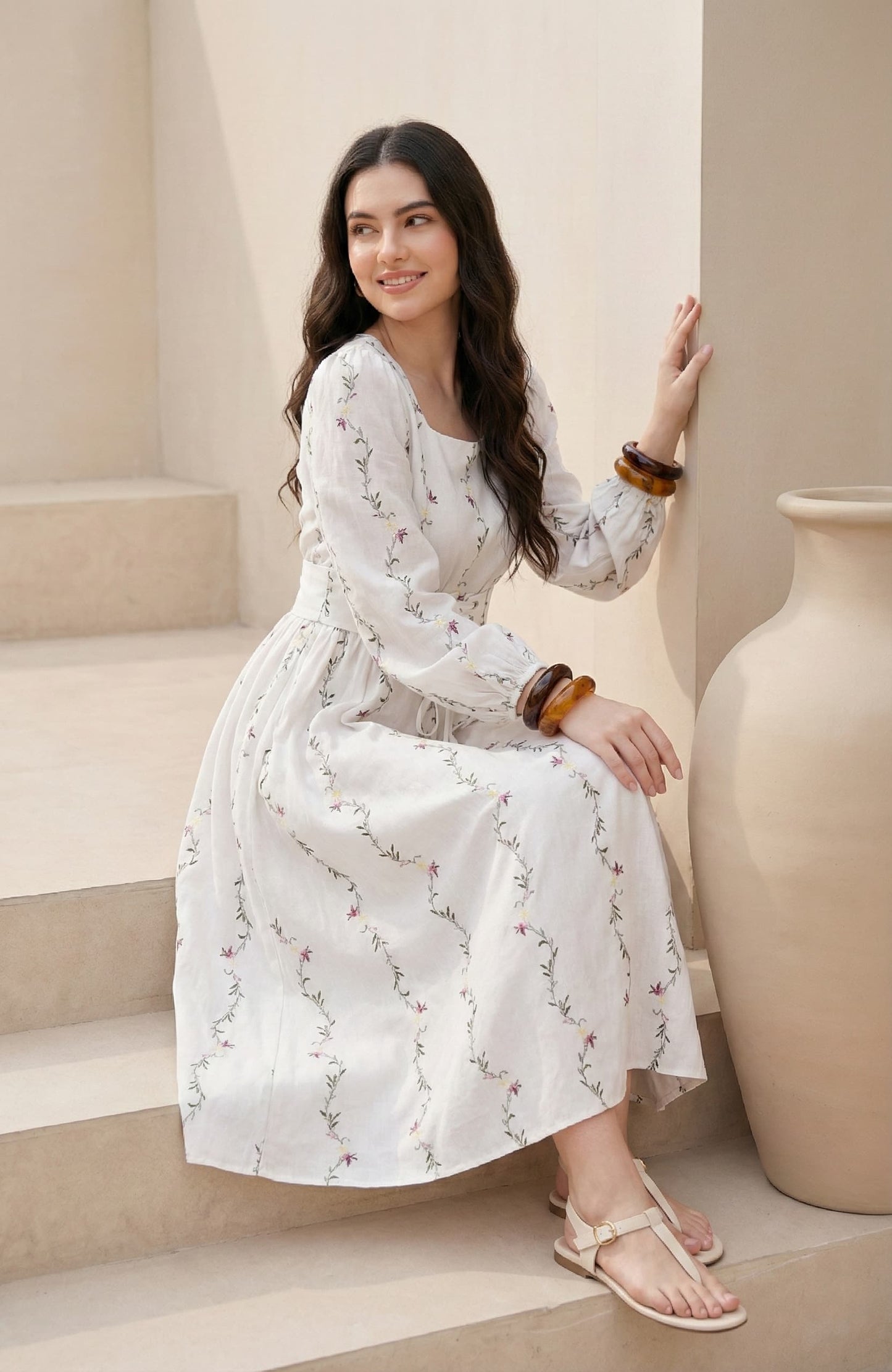 White Floral Print Square Neck Midi Dress