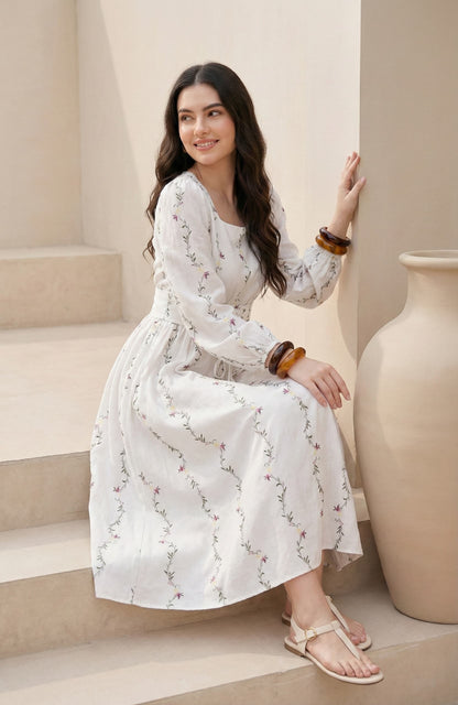 White Floral Print Square Neck Midi Dress