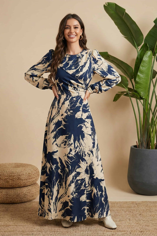 Elegant Blue Floral Print Wrap Maxi Dress