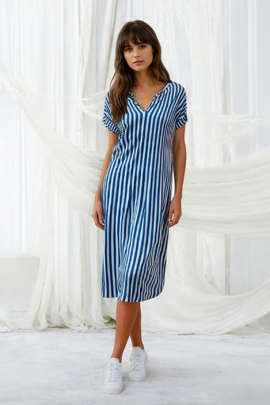 Summer Casual Striped Notched Neck Short Sleeve Dress