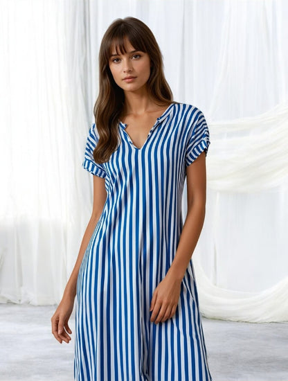 Summer Casual Striped Notched Neck Short Sleeve Dress