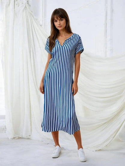 Summer Casual Striped Notched Neck Short Sleeve Dress
