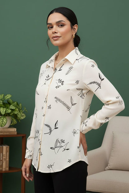 Minimalist Leaf Print Long Sleeve Shirt | Classic Collared Shirt - Uvercee