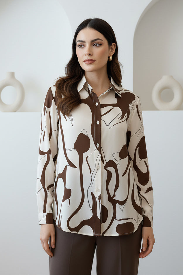 Earthy Tone Abstract Art Shirt | Stylish Sophisticated Long Sleeve Office Shirt