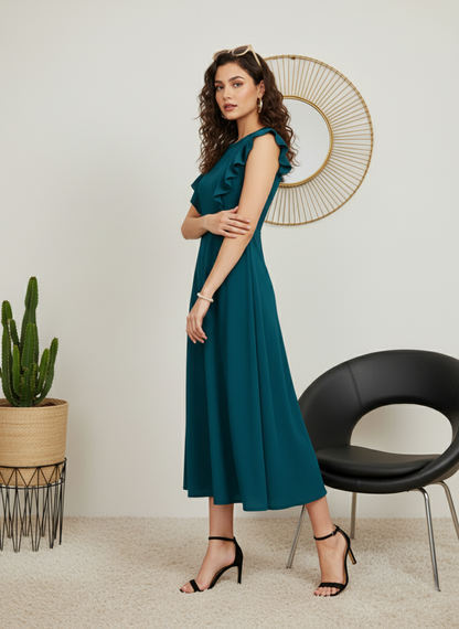The Teal Statement: Ruffle Sleeve A-Line Midi Dress