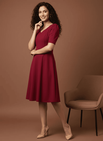 Elegant A-Line Midi Dress with Sweetheart Neckline & Puff Sleeves | Uvercee
