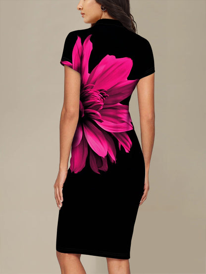 Floral Fusion Bodycon Dress - Sleek Black & Vivid Pink