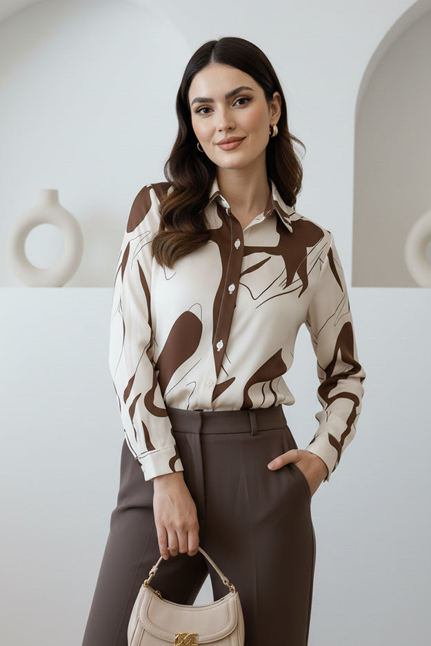 Earthy Tone Abstract Art Shirt | Stylish Sophisticated Long Sleeve Office Shirt