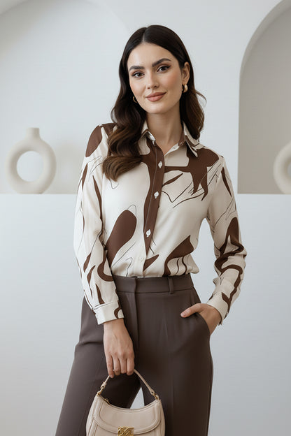 Earthy Tone Abstract Art Shirt | Stylish Sophisticated Long Sleeve Office Shirt