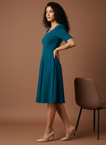 Elegant A-Line Midi Dress with Sweetheart Neckline & Puff Sleeves | Uvercee