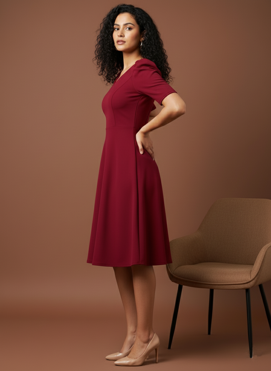 Elegant A-Line Midi Dress with Sweetheart Neckline & Puff Sleeves | Uvercee