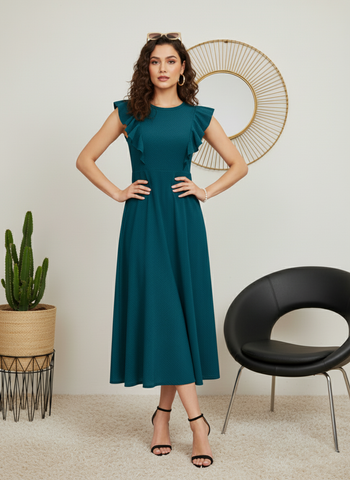 The Teal Statement: Ruffle Sleeve A-Line Midi Dress