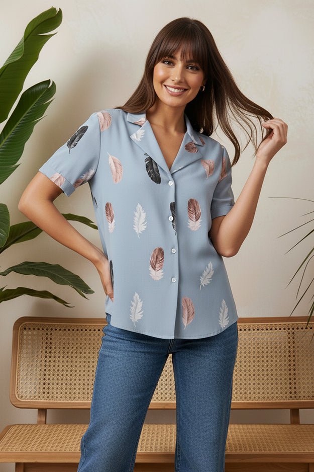 Feather Pattern Button - Up Shirt | Everyday Women's Shirt - Uvercee