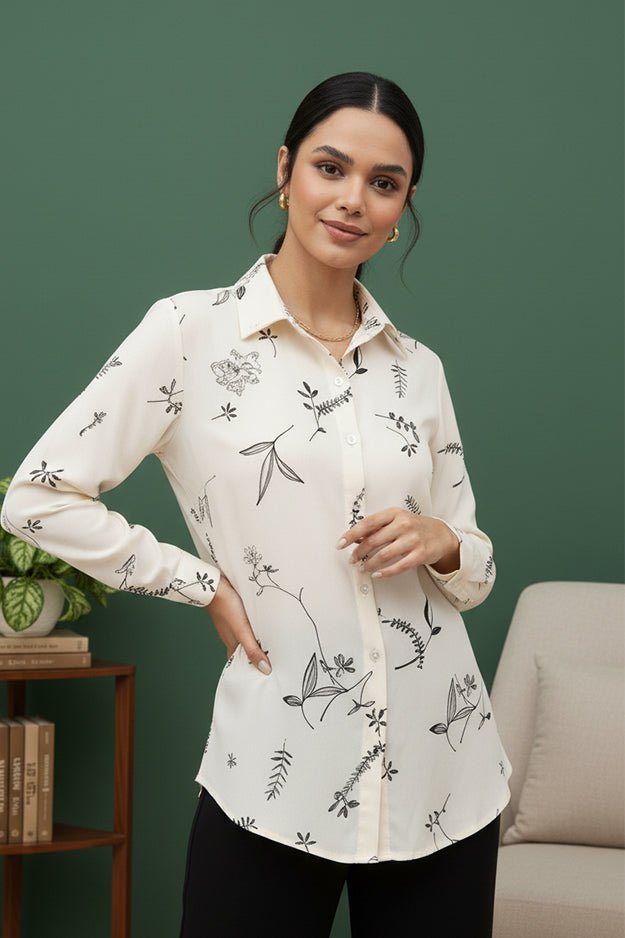Minimalist Leaf Print Long Sleeve Shirt | Classic Collared Shirt - Uvercee