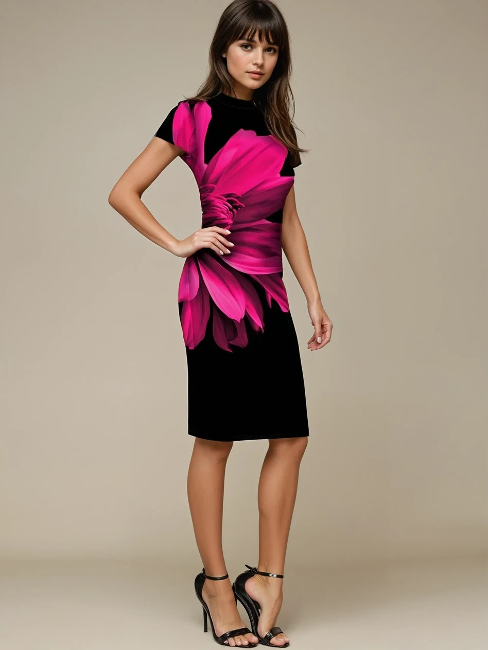 Floral Fusion Bodycon Dress - Sleek Black & Vivid Pink