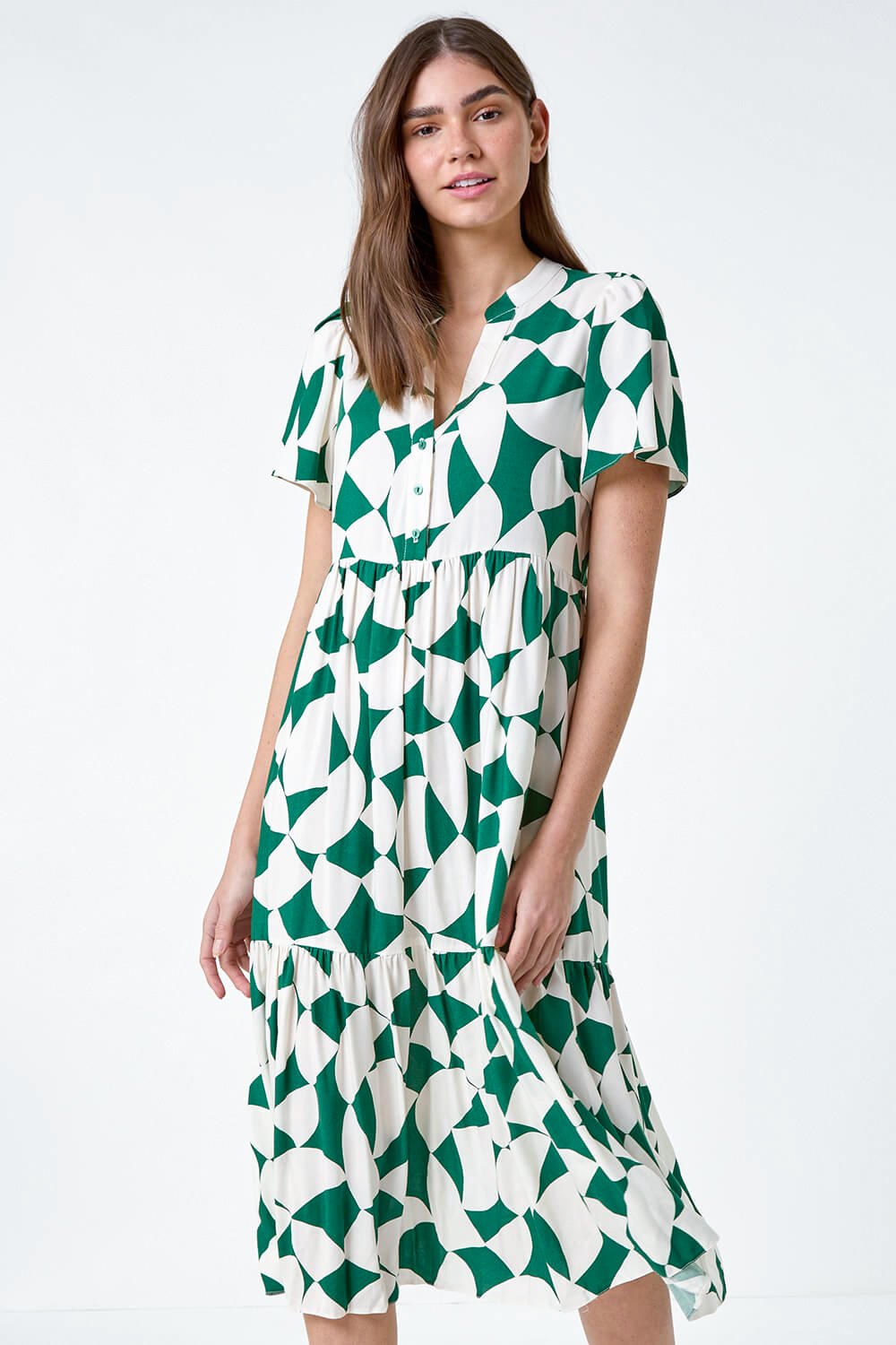 Green Geometric Print Tiered Midi Dress with Adjustable Tie Waist