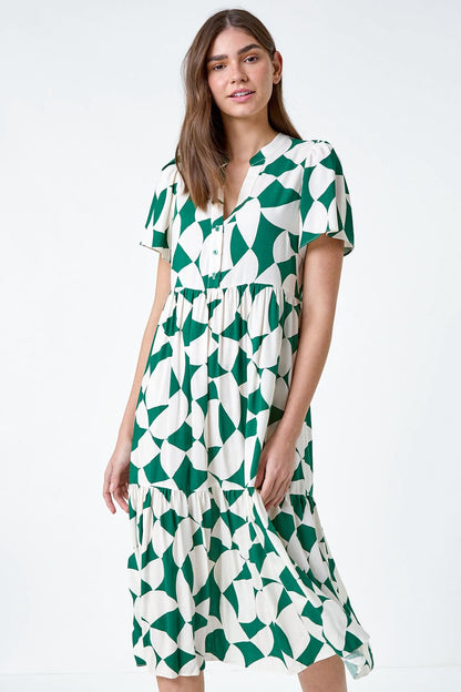 Green Geometric Print Tiered Midi Dress with Adjustable Tie Waist