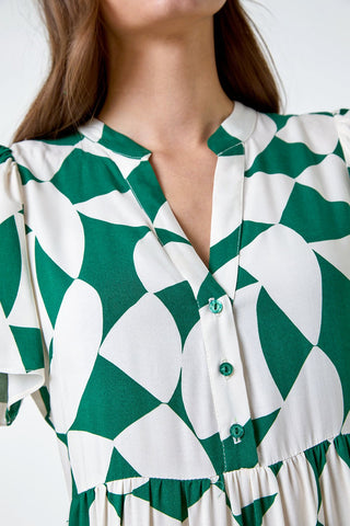 Green Geometric Print Tiered Midi Dress with Adjustable Tie Waist