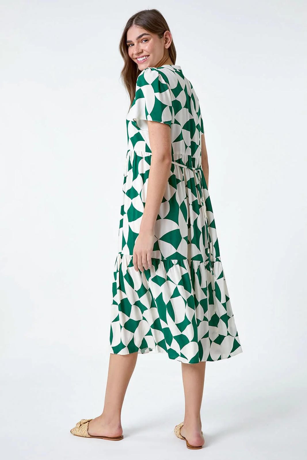 Green Geometric Print Tiered Midi Dress with Adjustable Tie Waist