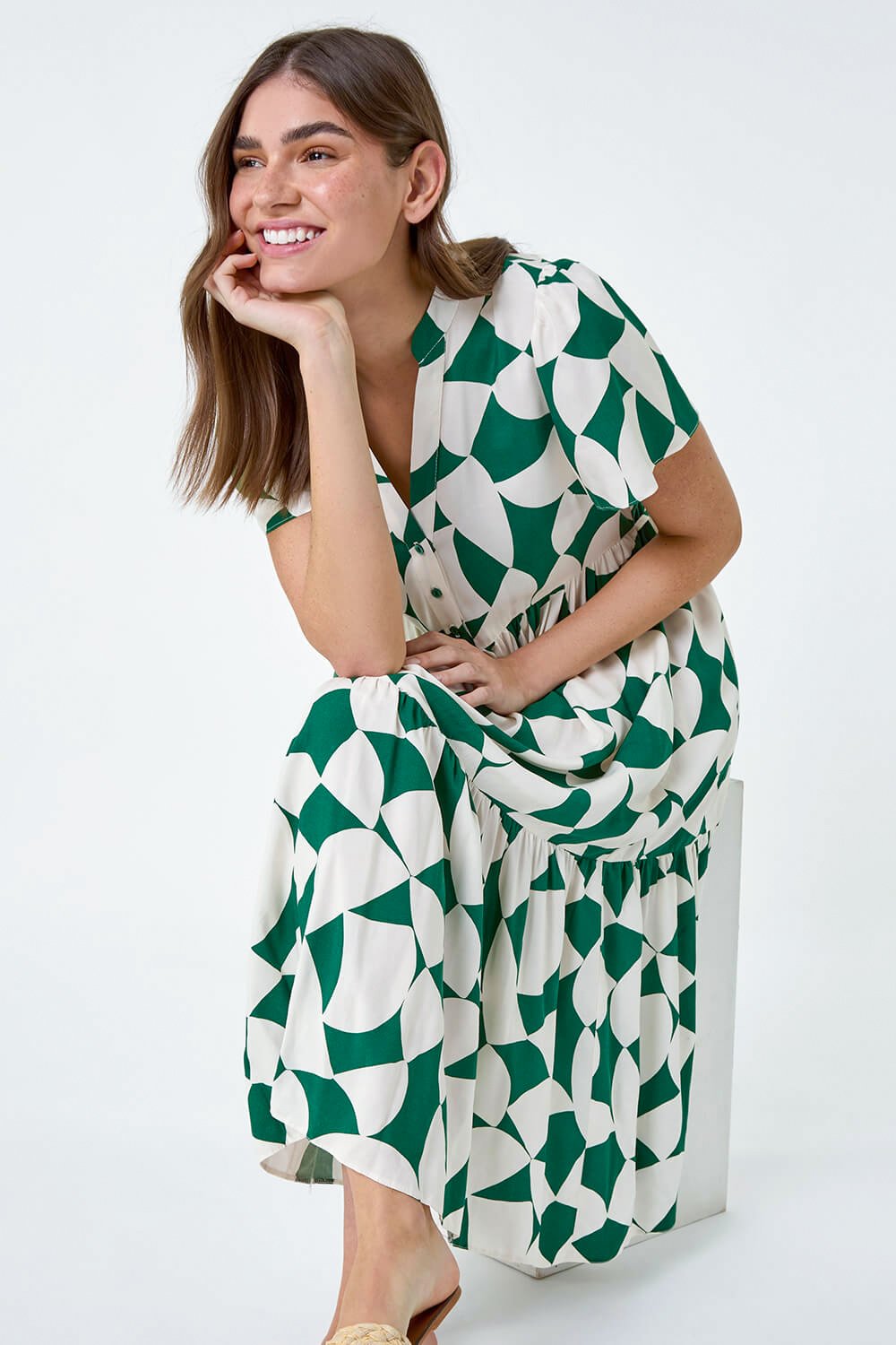 Green Geometric Print Tiered Midi Dress with Adjustable Tie Waist