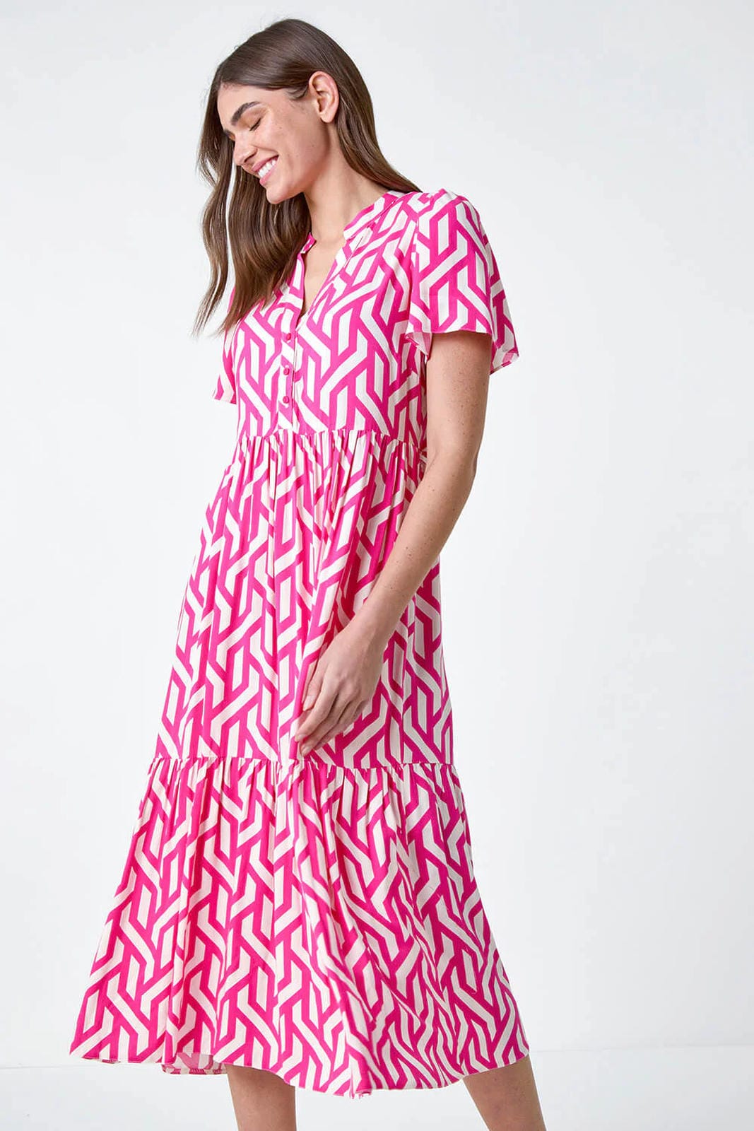 Pink Geometric Print Tiered Midi Dress with Adjustable Tie Waist