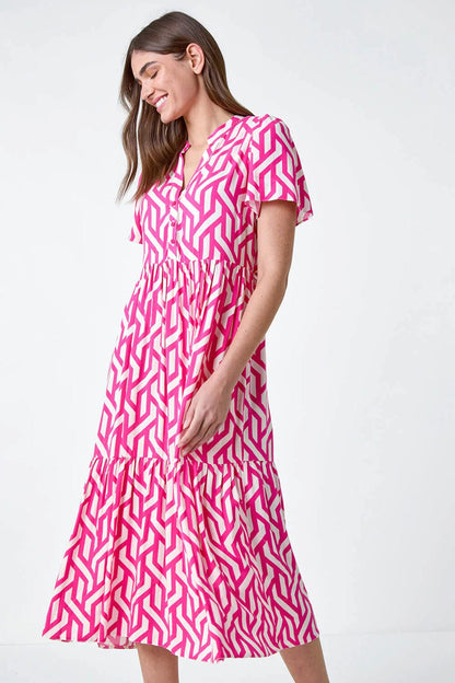 Pink Geometric Print Tiered Midi Dress with Adjustable Tie Waist