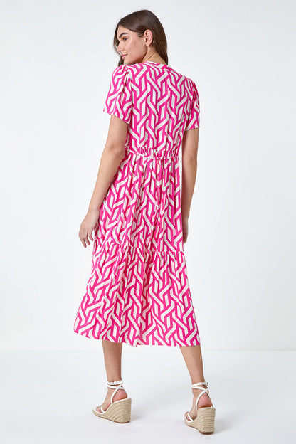 Pink Geometric Print Tiered Midi Dress with Adjustable Tie Waist