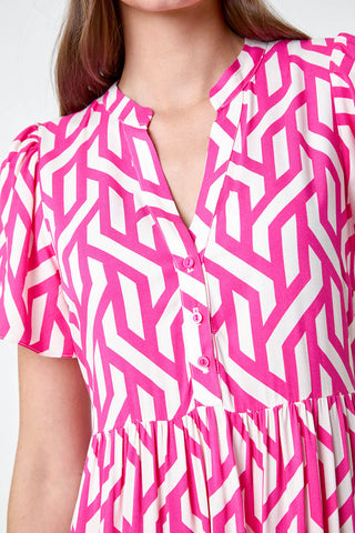 Pink Geometric Print Tiered Midi Dress with Adjustable Tie Waist