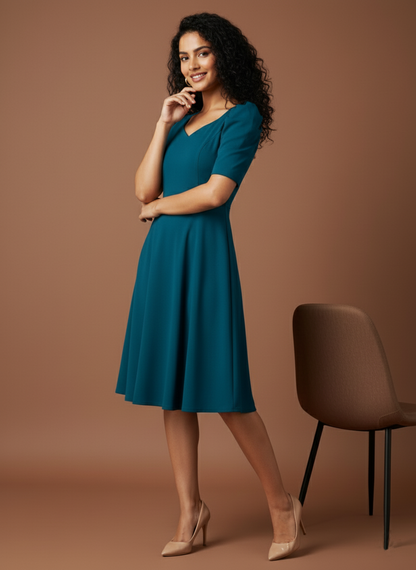 Elegant A-Line Midi Dress with Sweetheart Neckline & Puff Sleeves | Uvercee