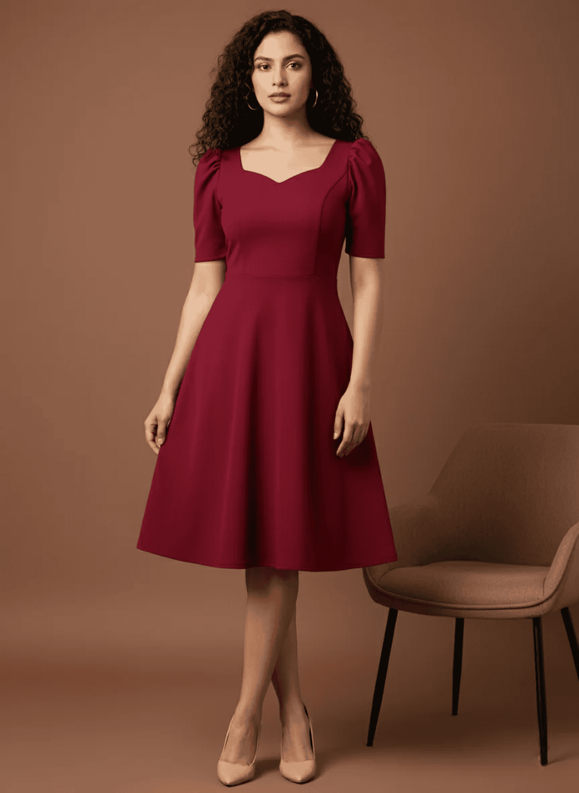 Elegant A-Line Midi Dress with Sweetheart Neckline & Puff Sleeves | Uvercee