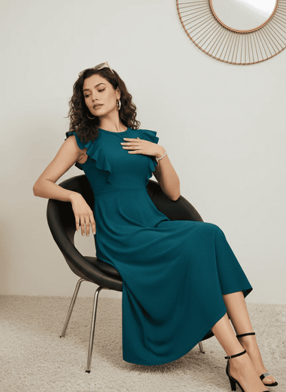 The Teal Statement: Ruffle Sleeve A-Line Midi Dress