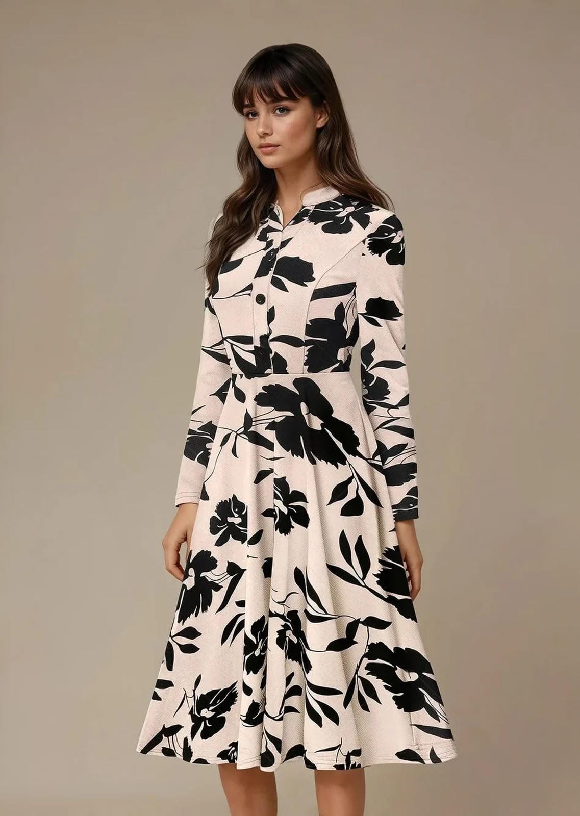 Bold InkPetal Flare Dress for Women I Cream and Dark Peach - Uvercee