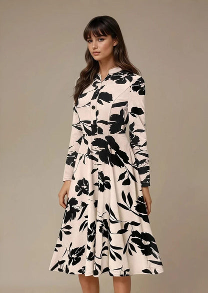 Bold InkPetal Flare Dress for Women I Cream and Dark Peach - Uvercee