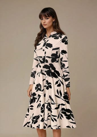Bold InkPetal Flare Dress for Women I Cream and Dark Peach