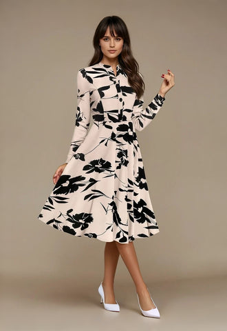Bold InkPetal Flare Dress for Women I Cream and Dark Peach