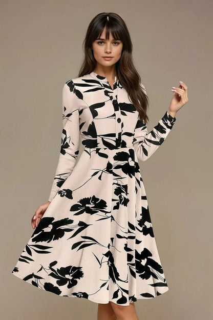 Bold InkPetal Flare Dress for Women I Cream and Dark Peach - Uvercee