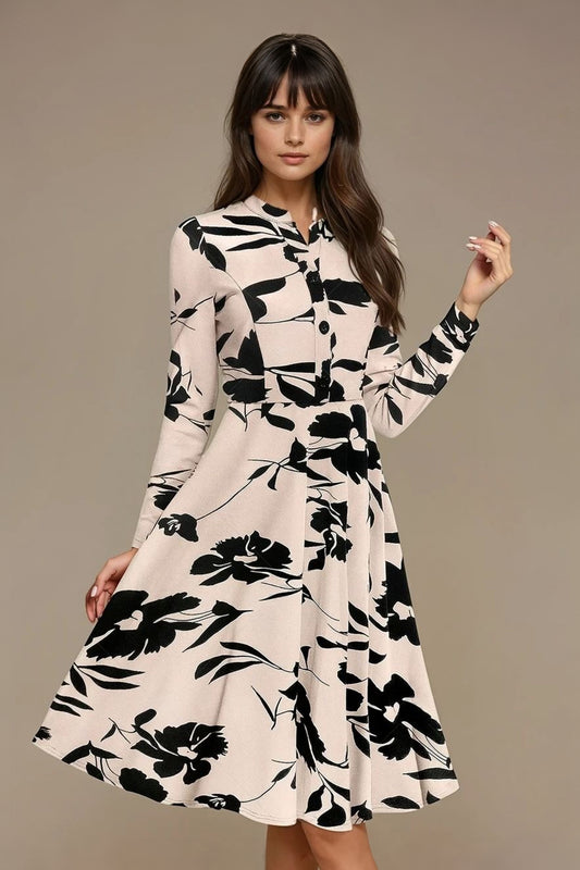 Bold InkPetal Flare Dress for Women I Cream and Dark Peach