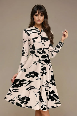 Bold InkPetal Flare Dress for Women I Cream and Dark Peach