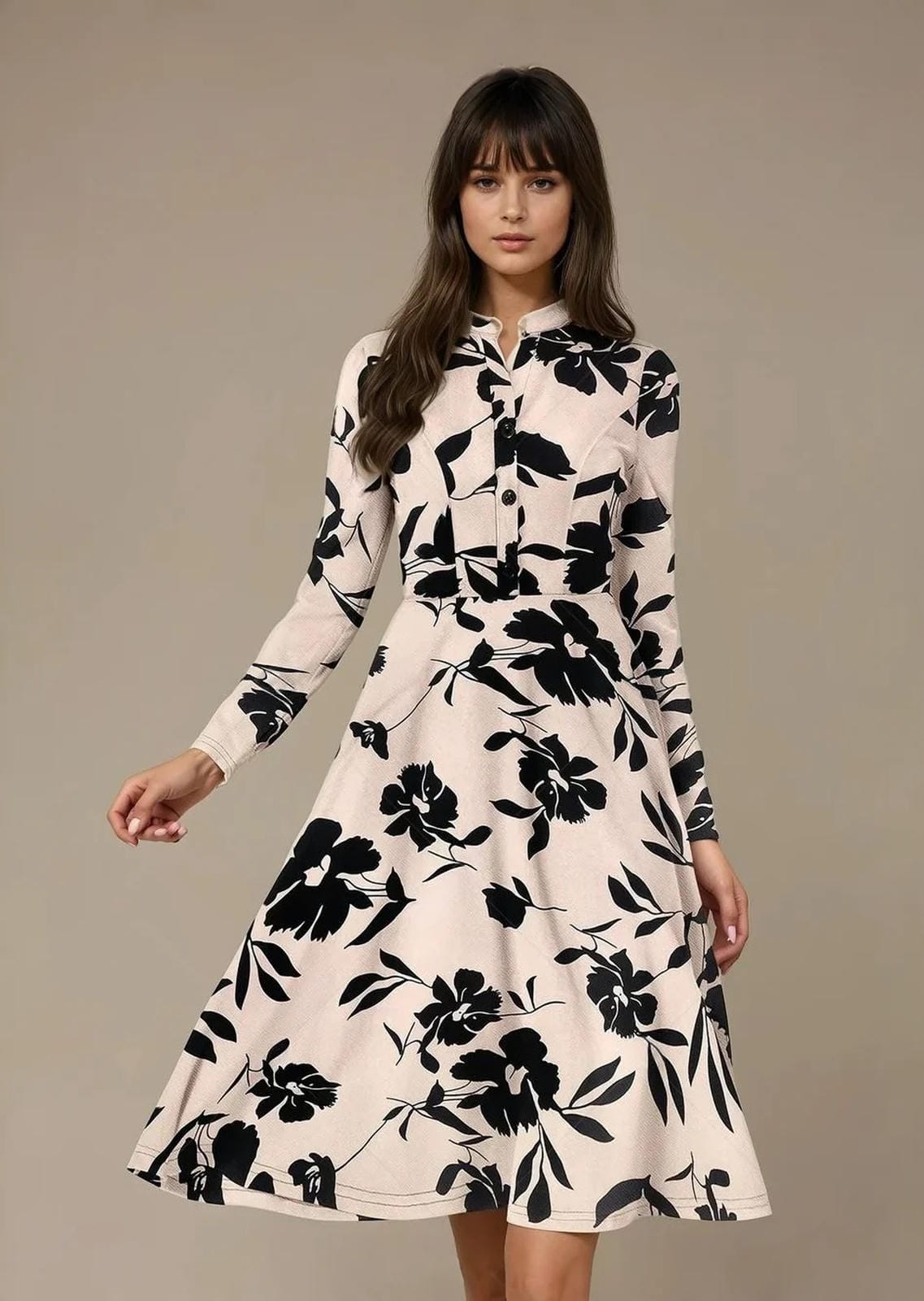 Bold InkPetal Flare Dress for Women I Cream and Dark Peach - Uvercee